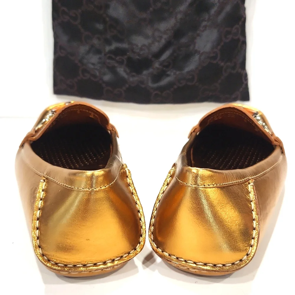 NEW!! Gucci Bamboo Horsebit Gold Leather Driving Shoes Loafers 155162  Size 5B